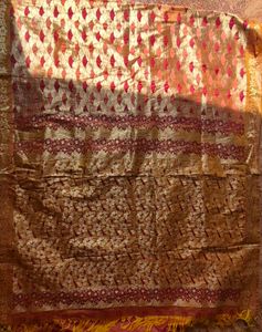 Beautiful golden brocade saree with elegant maroon