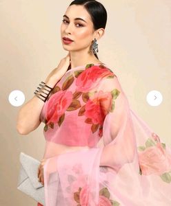 Pink Floral Organza Saree with stitched blouse.