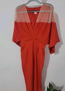 Red URBANIC Mesh-Neck Jumpsuit
