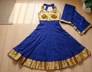 Elegant Blue &amp; Gold Anarkali Suit