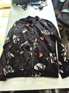 Black colour flora printed varsity jacket for both