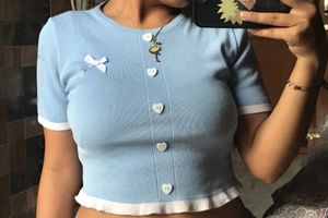 Blue Heart Button Crop Top