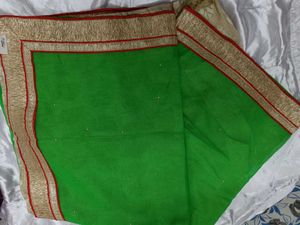 Green Soft Chiffon Saree with Red &amp; Gold Border