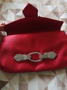 Red Satin Clutch With Diamond Work