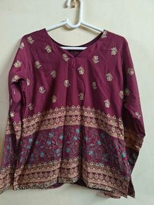 Maroon Jewish Cotton Printed Short Kurti