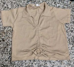 Beige Ribbed Drawstring Top