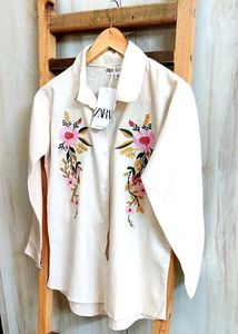 Baige Colour Embroidery Work Cotton Shirt Size-36