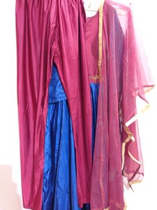 Soft Silk Maroon With Blue Long Maxi Dress