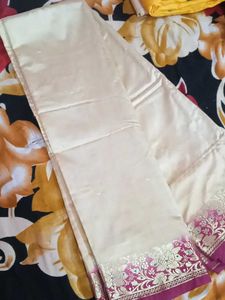 Elegant Cream &amp; Pink Silk Sari
