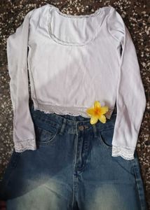 White Lace Trim Long Sleeve Top