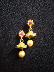 Cute, Golden Colour, Red Colour Diamond, Moti Earr