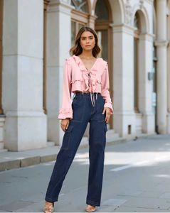 Shein bell sleeve Ruffled Pink Crop Top