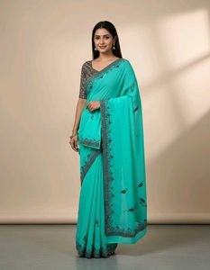 Elegant Turquoise Embroidered Saree