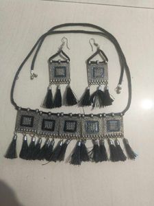 Boho Black Tassel Oxidised Necklace & Earring Set