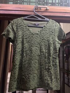 Elegant Olive Green Lace Overlay Top – Size 12 (CO