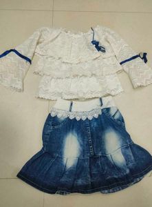 Girls' White Top & Denim Skirt Set
