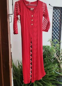 Red Net Kurta with Slit and Inner Lining