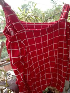 Red Grid Cold Shoulder Top