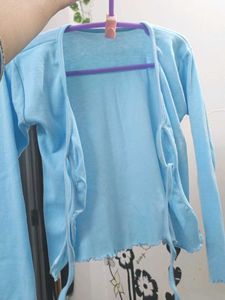 Blue Knit Open Cardigan / Shrug With Front Tie Up