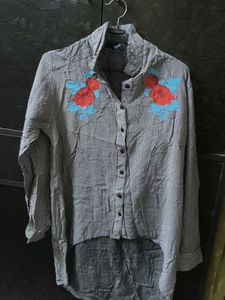 Striped Floral Embroidered Hi-Lo Blouse