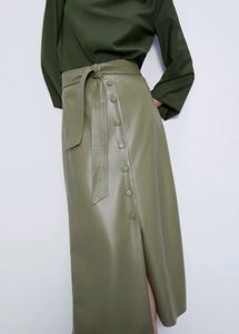 ZARA Khaki Faux Leather Buttoned Skirt with Belt