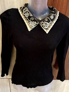 Korean Ribbed Black Embellished Collar Top❣️