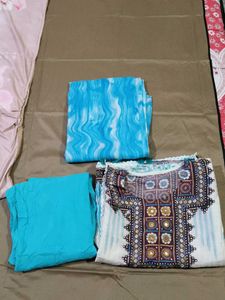 Teal &amp; White Printed Kaftan Suit Set
