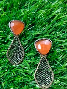 Oxydized Earrings With Orange Stone