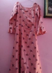Peach Floral Print Ruffle Sleeve Dress