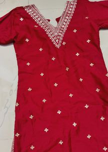 Red Embroidered Kurti Set