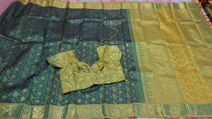 Green &amp; Gold Saree With Stitched Blouse