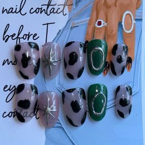 Glam Cow Print & Emerald Star Press-On Nails