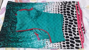Aqua &amp; Black Polka Dot Print Fabric Saree n Blouse