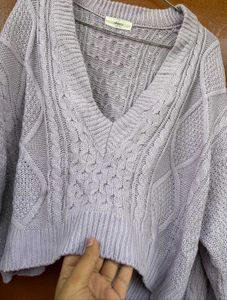 Lilac Cropped V neck Cable Knit Sweater