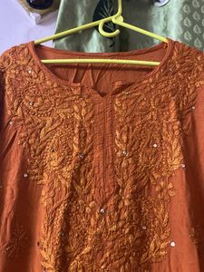 Rust Orange Rayon Mukaish Chikankari Kurta