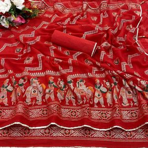 New Zari Red Saree with attached blouse piece