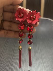 Red Flower Tassel Earrings