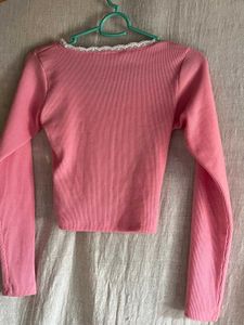 Pink Lace Trim Long Sleeve Top