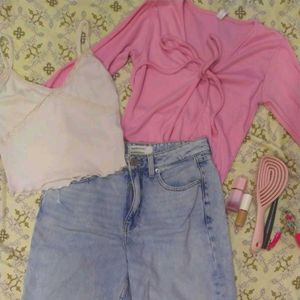 White Lace Cami + Pink Tie-Up Top