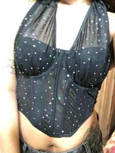 Newme rhinestone Black Halter y2k Corset Top