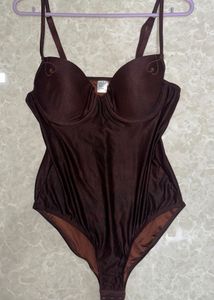 Chic Brown Satin Bodysuit – Size 32-34