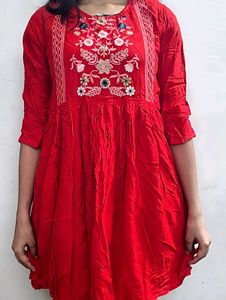 Red Embroidered Kurta