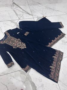 Premium Navy Blue Velvet Elegant Kurta Set