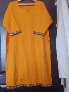 Yellow Kurti with Colorful Trim