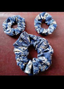 Handmade Blue Patterned Scrunchies (Set of 3)