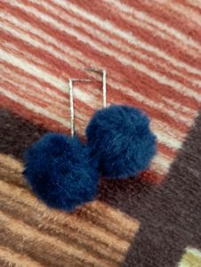 Furry Navy Blue Cottan Ball Earrings