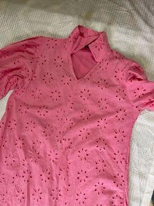 Pink Cotton Eyelet A-Line Dress with Puff Sleeves