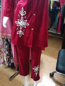 Party Wear Elegant Maroon Velvet Coord Set Suit