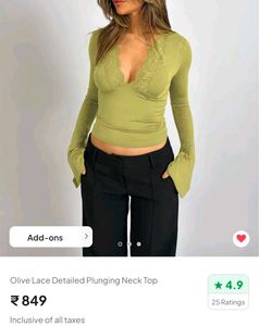Olive Lace Detailed Plunging Neck Top