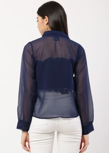 Navy Sheer Button-Down Blouse